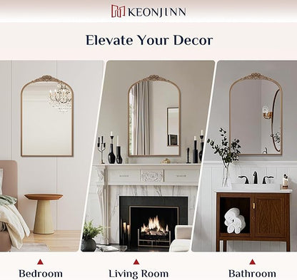 Keonjinn Gold Vintage Arched Mirror for Wall, 16" x 24" Brass Mirror with Metal Frame, Ornate Baroque Decoration for Mantle, Living Room, French Cleat Mounting