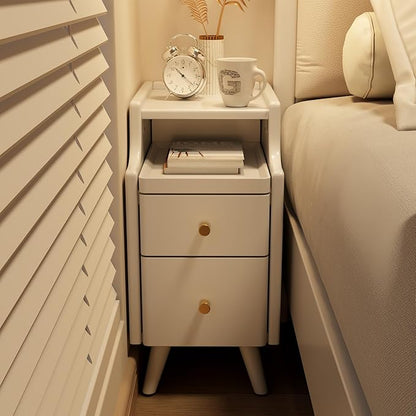 Small Nightstand with Drawers, Solid Wood Bedside Table, Narrow Walnut Nightstand for Bedroom