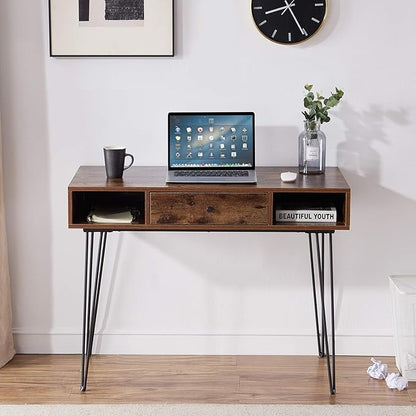 VECELO 39.3" Home Office Work Table with Drawers Computer Desk Writing/Study, 39 Inch Hairpin Legs, Retro Brown