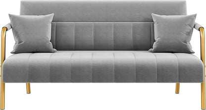 Yaheetech 56.5" W Modern Sofa Small Sofa Luxurious Velvet Fabric Couch with Gold-Tone Metal Arms and Legs for Living Room, Home Office, Studio Light Gray