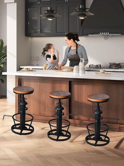 Industrial Bar Stools Kitchen Island Dining Chairs Swivel Wooden Seat Bar Counter Height Adjustable 25-31inch