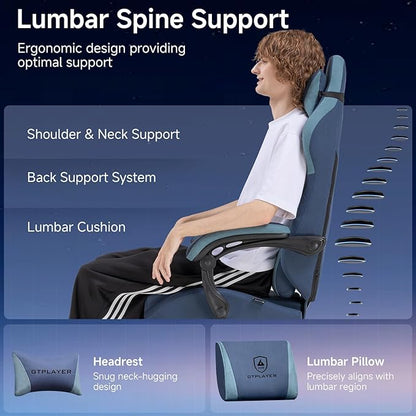 GTPLAYER Gaming Chair, Video Game Chairs with Footrest and Lumbar Support, Computer Chair for Adults with Extended Backrest, Ergonomic Reclining Silla Gamer, Fabric, Dark Blue