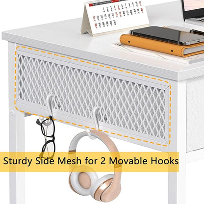 Furologee White Small Computer Desk with 3 Fabric Drawers,40 Inch Simple Table Home Office Writing,Vanity Desk with Hooks, Study Desk for Bedroom Small Spaces