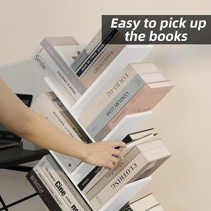 8 Tier Tree Bookshelf with Drawer, Free Standing Wood Bookcase for Living Room, Bedroom, Home Office, Space Saving Storage Organizer Bookshelves for Books, CDs, Vinyl Records- White