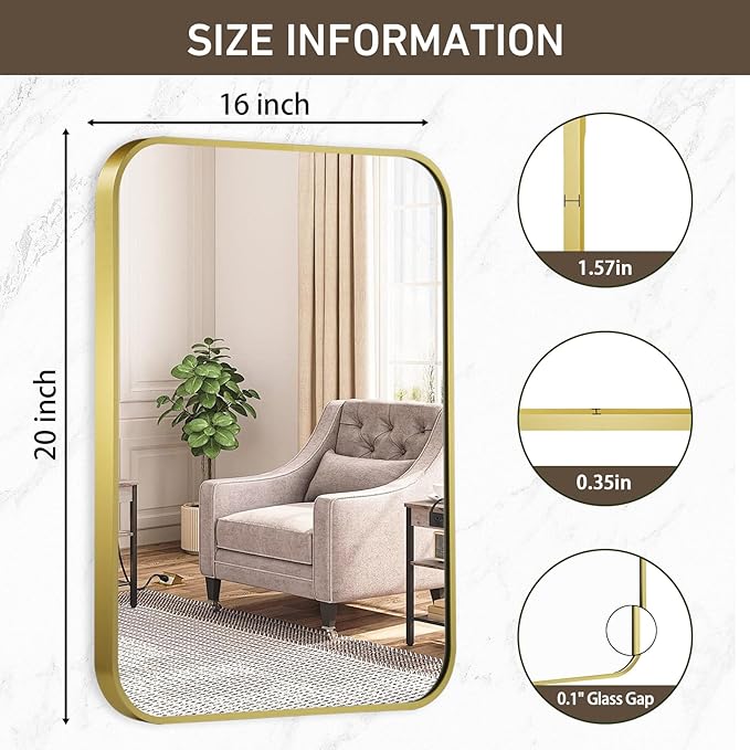 Matte Gold Mirror, 40x30 Inch Brushed Gold Mirror, Aluminum Alloy Framed Vanity Mirror, Rounded Rectangle Bathroom Mirror for Over Sink, Anti-Rust Wall Mirror (Horizontally or Vertically)