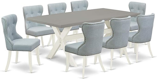 East West Furniture X097SI215-9 9 Piece Kitchen Table & Chairs Set Includes a Rectangle Dining Room Table with X-Legs and 8 Baby Blue Linen Fabric Parsons Chairs, 40x72 Inch, Multi-Color