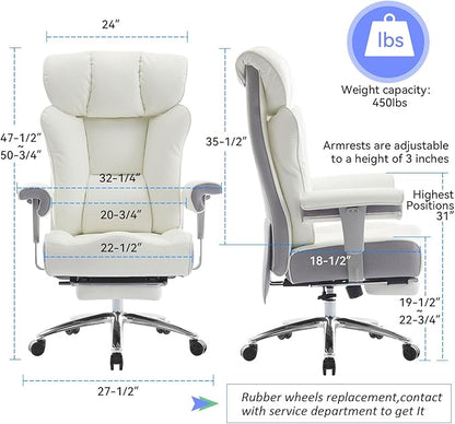 Efomao Big and Tall Office Chair 450LBS with Foot Rest, High Back PU Leather Executive Office Chair with Adjustable Padded Armrests, Lumbar Support for Home or Work, Heavy Duty Computer Chair, White