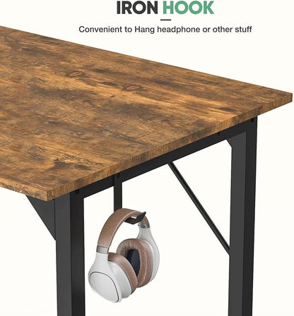 40 Inch Desk Office with Storage, Modern Simple Style Gaming Computer Table for Youth Student Adult, Metal and Wood Home Office Furniture, Rustic Brown