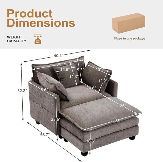 Furniliving Oversized Accent Chair with Ottoman, Luxury Chenille Single Sofa, Upholstered Deep Seat Chaise Lounge with Pillows for Living Room, Bedroom, Apartment, Grey