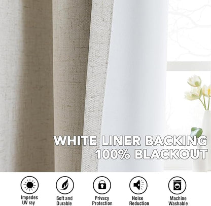 H.VERSAILTEX Linen Curtains 100% Blackout Curtains for Bedroom 108 inch Long Full Light Blocking Nature Linen Blended Window Curtains for Living Room Nickel Grommet (2 Panels, Heathered Linen)
