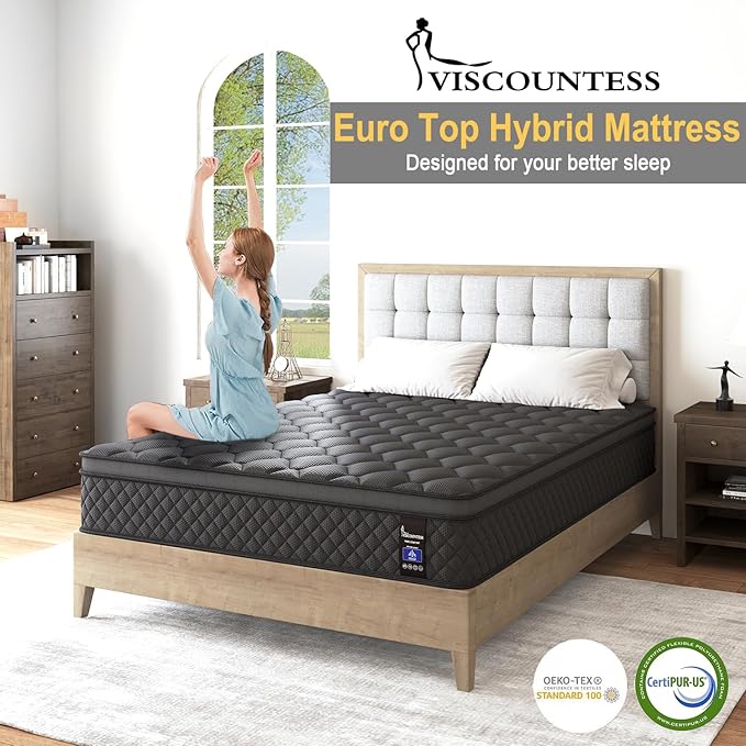 Queen Mattress, 10 Inch Hybrid Mattress Euro Top Medium Firm for Back & Lumbar Support, 100 Night Trial, Individual Pocket Spring Mattresses for Motion Isolation & Pressure Relief
