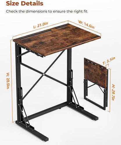 21''Wx28''H Folding TV Tray for Eating, Small Foldable C-Shaped Tray Table with Tablet and Phone Slots, Slide Under Couch Side Table for Recliner, Living Room, Bedroom, Rustic Brown
