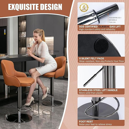Black Titanium Stainless Steel Bar Stools,Grade Modern Leather Bar Chair with Backrest,Swivel Adjustable Height for Kitchen Counter and Dining Room (Brown Leather-2pcs)