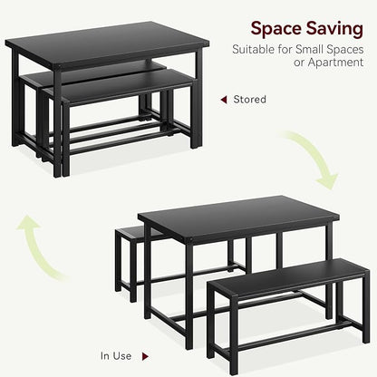 Dining Table Set for 4 with 2 Benches, 3-Piece Kitchen Table Set, Space-Saving Dining Set for Kitchen, Dining Room, Black