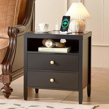 Huuger Black Nightstand Set of 2, Night Stand with Charger Station, Bedside Table with 2 Drawers, Bed Side Tables for Bedroom, Modern Nightstands, Metal Knobs, Painted Surface