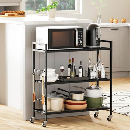 3-Tier Metal Storage Rack with Industrial Wheels,Mesh Shelving Unit with Wooden Table top,Adjustable Shelf,31.5-Inch Width, for Kitchen, Laundry,Pantry,Plant,Black panel and black frame