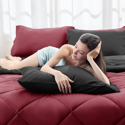 HEVUMYI Red & Black King Comforter Set - 7-Piece All Season Bed in a Bag King, Ultra Soft Burgundy Bedding Set with Comforter, Flat Sheet, Fitted Sheet, Pillowcases, Pillow Shams, Burgundy Red & Black