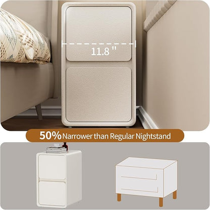 VICITON Modern Narrow Faux Leather Nightstand, Solid Wood Drawer, Storage Accent Table, Small Side End Table for Bedroom (Cream White, Nomal(12 inch))