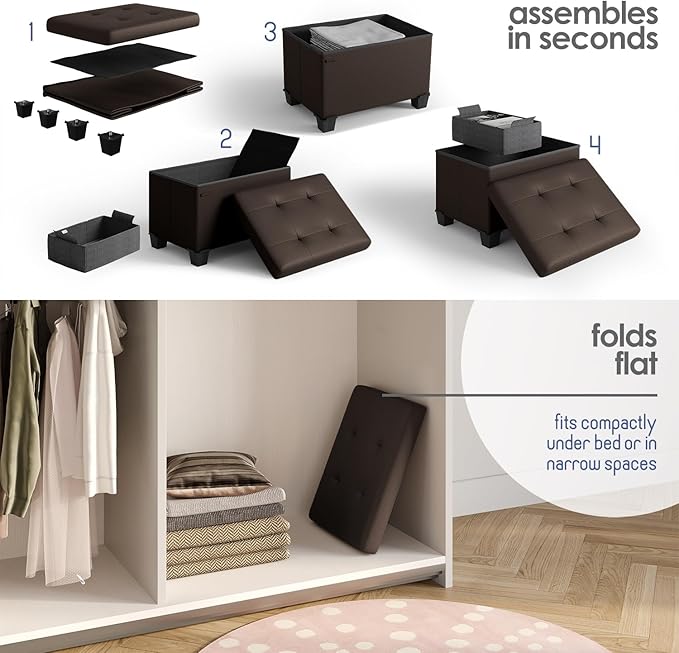 STORAGEBUD Storage Ottoman Cube with Small Bin, 16-in Square Ottoman with Storage for Living Room and Bedroom, Small Ottomans Foot Rest, Faux Leather Foot Stools Ottomans Max 330lbs, Brown