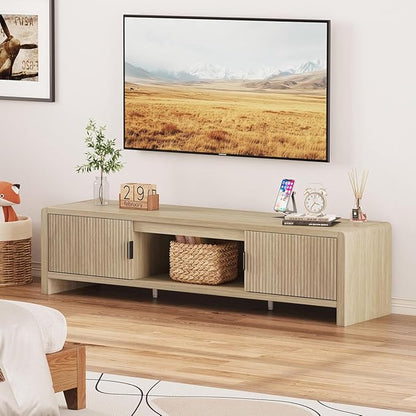 FATORRI TV Stand for TVs up to 75/65/55 Inch, Wood Entertainment Center with Storage, Farmhouse Waveform Fluted-Door Television Media Console for Living Room, Bedroom (63 Inch W, Light Walnut)