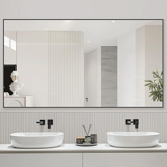 55x36 Inch Black Bathroom Mirror for Wall, Aluminum Frame Rectangle Rectangular Vanity Mirror, Modern Large for Bedroom, Living Room, Horizontal or Vertical