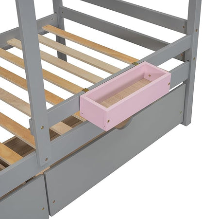 Ball & Cast Twin Over Twin Size Bunk Bed with 2 Drawers and 1 Storage Box,Playhouse Wood Bunkbed w/Window & 1 Shelf,Slat Support,Space Saving,Bedroom Furniture for Student Dorms,Gray