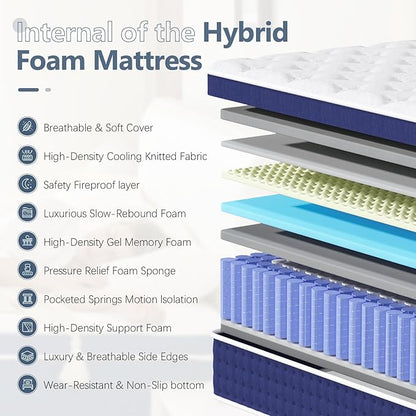 Full Size Mattress, 12 Inch Hybrid Full Mattress in a Box, Gel Memory Foam and Pocket Coils Innerpring Mattresses, Cooler Sleep with Pressure Relief and Support, 54"*75"*12"
