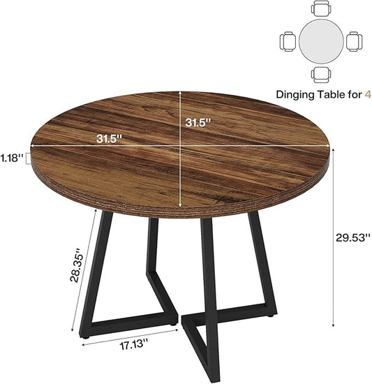 Tribesigns Round Dining Table for 2, 31.5" Industrial Dinner Table with Metal Base, Kitchen Table for Dining Room, Small Space, Apartment, Rustic Brown & Black