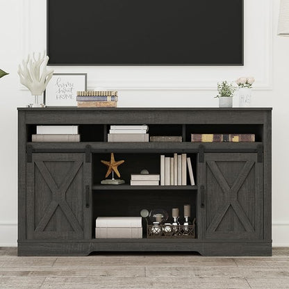 RoyalCraft Farmhouse TV Stand for 65+ Inch TV, 34'' Tall Entertainment Center with Sliding Barn Doors, Rustic Wood Media Console Storage Cabinet Television Stand for Living Room, Bedroom (Dark Grey)