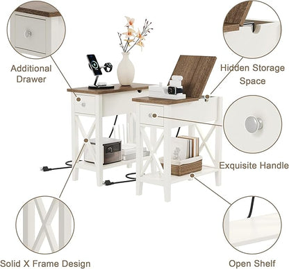 ChooChoo End Table Set of 2 with Charging Station, Narrow End Table with USB Ports and Outlets, Small Side Table Nightstand with Drawer for Living Room, Bedroom, Soft White