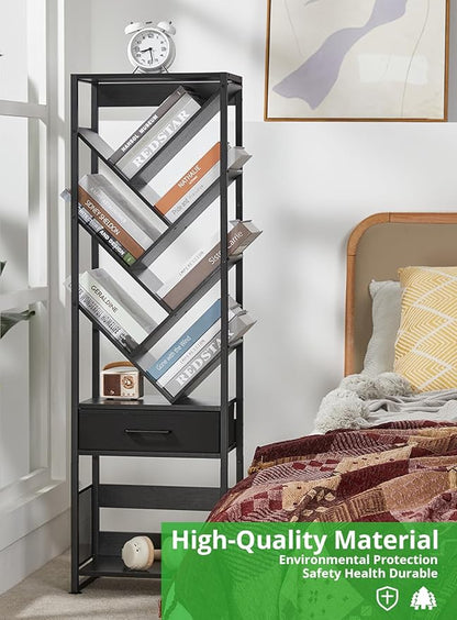 Bookshelf with Drawer,10 Tier Tree Bookcase Retro Floor Standing Bookshelves,Tall Wood Bookcases with Cabinet Storage Organizer for Living Room, Bedroom & Home Office, Black