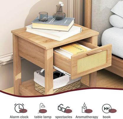 IBUYKE Rattan Nightstand, Boho Night Stand with Drawer, Wood Bedside Tables with Storage Shelf, End Table with Legs for Bedroom, Natural UWNS011N
