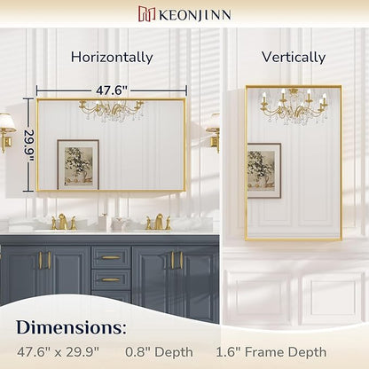 Keonjinn Gold Bathroom Mirror 48 x 30 Inch Gold Trimmed Bathroom Wall Mirror Large Brushed Metal Frame Mirror for Over Sink, Modern Farmhouse Vanity Rectangle Mirror(Horizontal/Vertical)