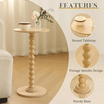 Round Side Table, Small Drink Table for Small Spaces, Modern Accent End Table with Solid Wood Leg for Living Room, Bedroom, Corners, and Office (Natural)