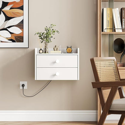 Floating Nightstand Set of 2 with 2 Storage Drawers and Charging Station Wood Wall Mounted Bedside End Table Modern Night Stands Set 2 for Bedroom,Small Space,White