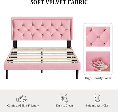 Queen Size Platform Bed Frame with Upholstered Velvet Button Tufted Headboard, Mattress Foundation with Wooden Slat Support, No Box Spring Needed, Easy Assembly, Noise Free, Pink