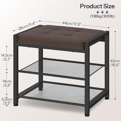 HOOBRO Small Shoe Bench, 3-Tier Shoe Rack, Shoe Storage Bench with PU Seat Cushion, Entryway Shoe Rack Bench with Metal Mesh Shelves, Freestanding Shoe Organizer for Hallway, Brown CB33HX01