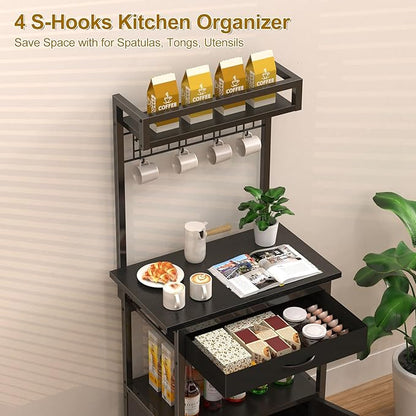 5-Tier Coffee Bar Cabinet & Microwave Stand with Storage, 2 Doors, 4 S-Hooks Kitchen Appliance Bakers Rack for Spices, Pots,Coffee Station for Small Spaces,Living Room,Entryway,Black