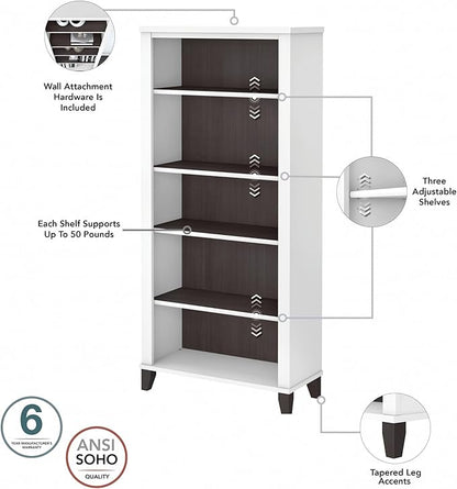 Bush Furniture Somerset 5 Shelf Bookcase in Storm Gray, Tall Bookshelf, Large Book Shelf for Living Room, Home Office, or Entryway