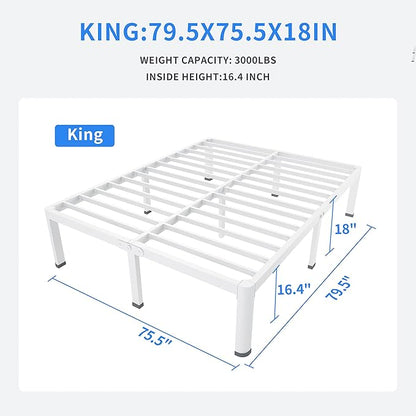 MAF 18 Inch King Size Bed Frame White with Round Corner Legs Mattress Slide Stopper No Box Spring Needed Heavy Duty Metal Platform Bed Frames Under-Bed Storage Space, 3000 LBS Steel Slats Support