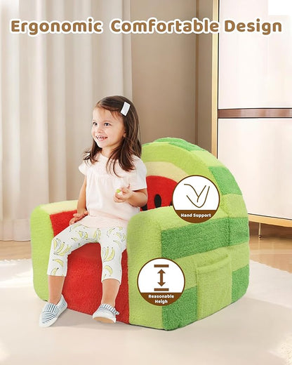 Toddler Chair, Comfy Foam Kids Couch with Soft Velvet Cover, Toddler Couch with Cute Watermelon Design for Gaming and Studying, Kids Sofa for Boys and Girls