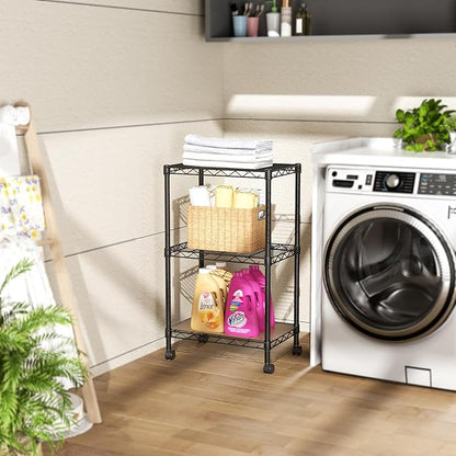 SINGAYE 3 Small Shelves Storage Shelf Wire Shelving Unit Metal Shelf Adjustable Organizers Storage Shelving with Wheels for Bathroom Laundry Room Kitchen Pantry11.5”D x 17.5”W x 30.5”H Black