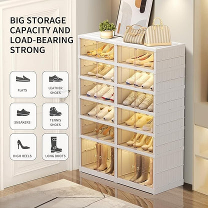 6 Tier Foldable Shoe Rack Organizer for Closet 12-24Pairs Plastic Collapsible Shoe Shelf for front door entrance Stackable Clear Folding Shoes Storage Boxes XLarge Shoe Cabinet