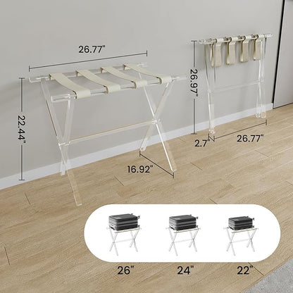 Sumerflos Acrylic Luggage Rack for Guest Room - Foldable Suitcase Stand with Leather Straps for Bedroom Living Room Hotel Heavy-Duty, Holds up to 50-100 lb lightweight Space Saving (Beige & Handle - 2 Pcs)