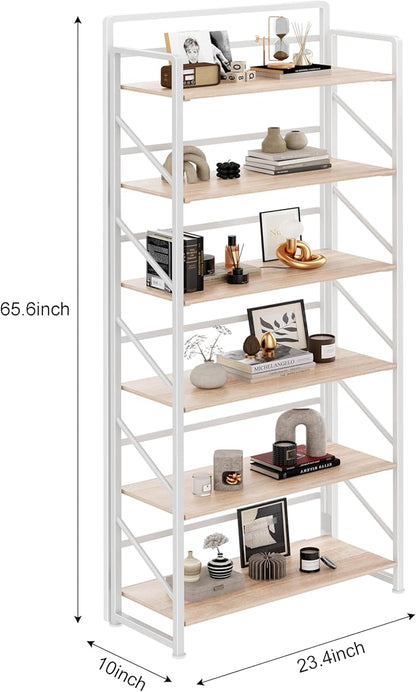 JSB No Assembly Folding Bookshelf, 6 Tier Industrial Metal Book Shelf for Storage, Vintage Wood Foldable Bookcase for Living Room, Bedroom, Office Organization Shelves