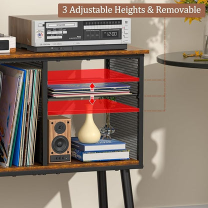 Record Player Stand with Adjustable Divider, Vinyl Storage Holder Up to 200 Albums, Mid-Century Large Record Player Table, Vinyl Holder Turntable Stand End Table Storage Rack for Bedroom & Living Room