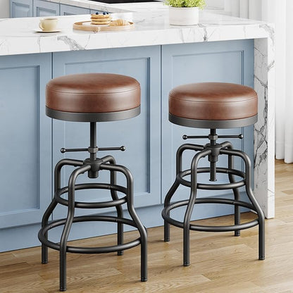 Adjustable Height Swivel Bar Stools Set of 2, 22-29 Inch Industrial Vintage Bar Counter Height Stools with Thicken Premium Bonded Leather Seats & Updated Footrests, Easy Assembly, Brown