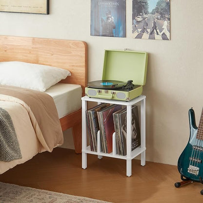LELELINKY 2-Tier Bamboo Record Player Stand Set of 2 with Vinyl Record Storage up to 100 Albums, Boho Bedroom Record Holder and Multi-Functional End Table for Living Room, White