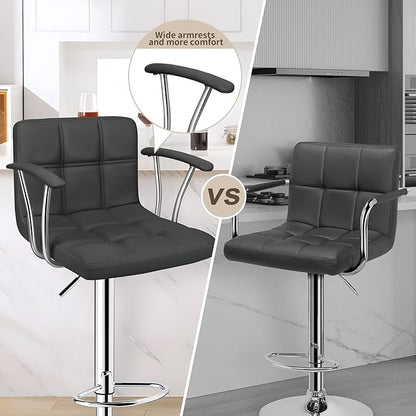 Bar Stools Set of 2,Armrest Adjustable Swivel Barstools with Back,Double Needle PU Leather Counter Height Bar Stools for Kitchen Island, Grey