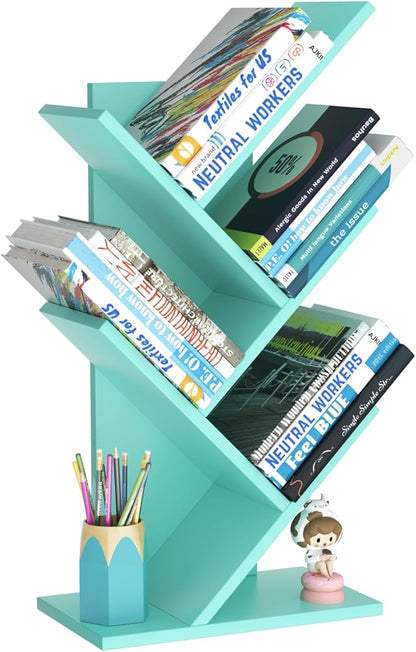 5 Tier Tree Book Shelf, Small Desktop Bookshelf with Storage Organizer, Wood Bookcase, Desk Display Bookshelves, Floor Standing Organizer Bookcases for Living Room,Bedroom,Office-Green